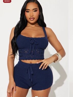 Fashion Nova Navy Crochet Knit Tank & Drawstring Shorts Set